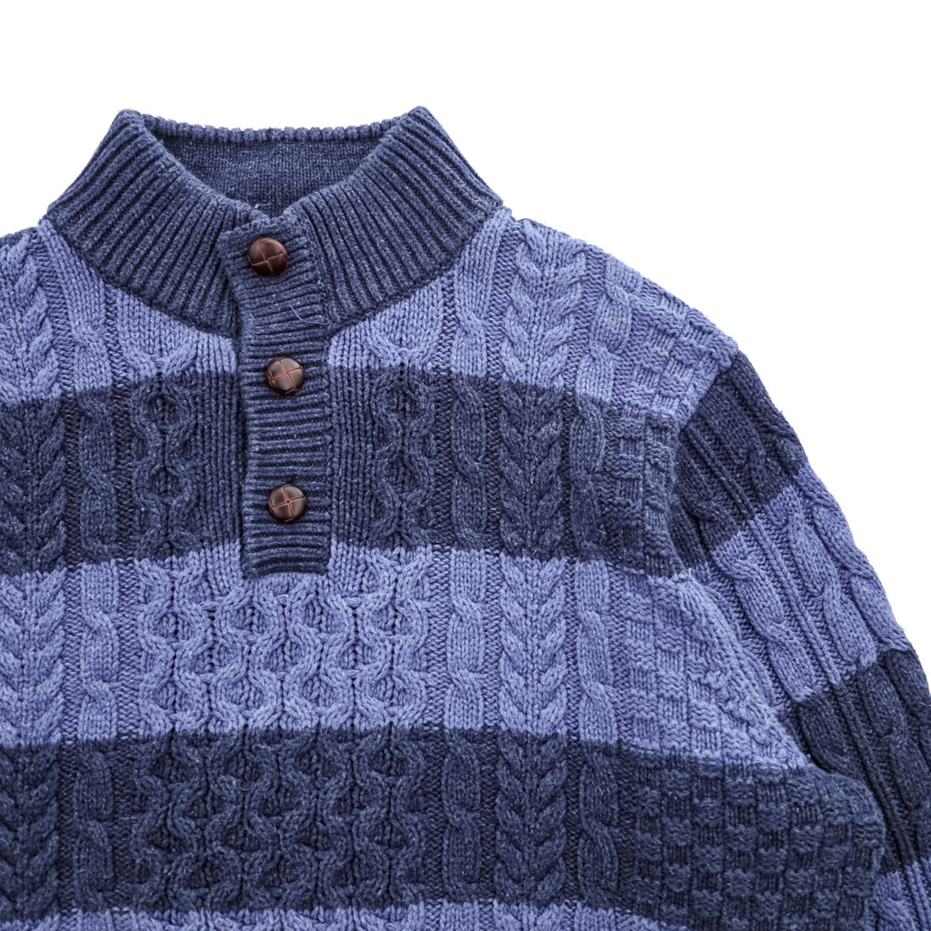 L.L.Bean ケーブル編み ニット セーター XL ブルー ネイビー ビッグサイズ ボーダー モックネック ハーフボタン くるみボタン