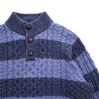 L.L.Bean ケーブル編み ニット セーター XL ブルー ネイビー ビッグサイズ ボーダー モックネック ハーフボタン くるみボタン