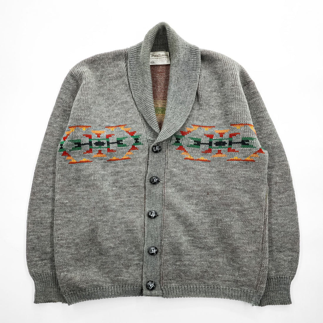 PENDLETON 70年代 ヴィンテージ ショールカラー ニットカーディガン M グレー 白タグ ネイティブ柄