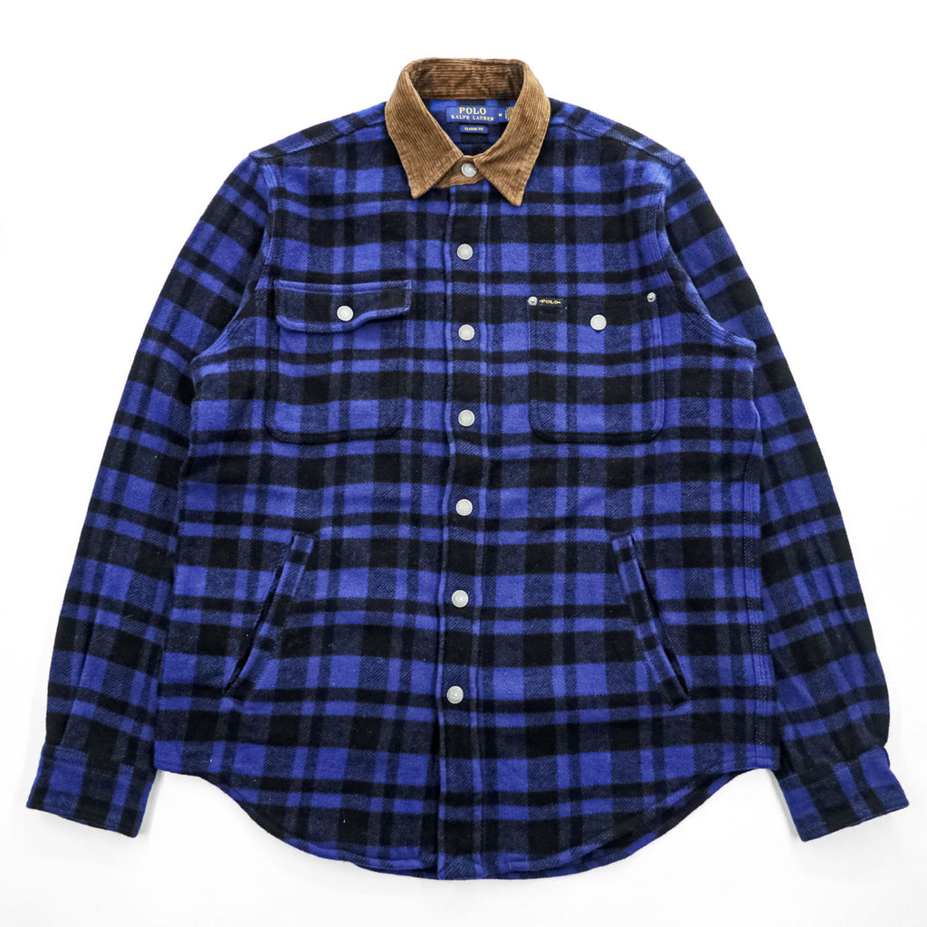 Polo Ralph Lauren ウールチェック シャツジャケット M ブルー ブラック 襟コーデュロイ チンストラップ