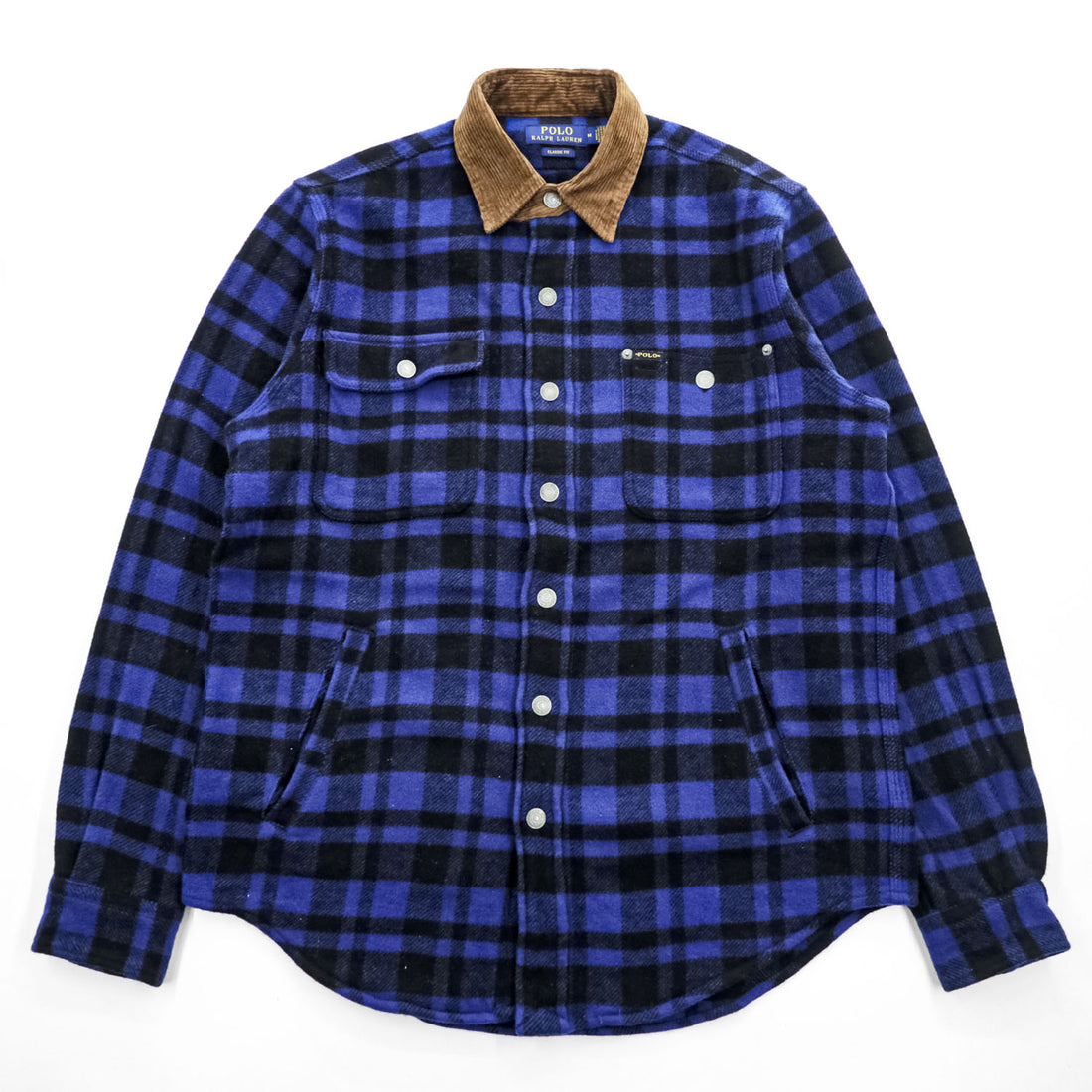 Polo Ralph Lauren ウールチェック シャツジャケット M ブルー ブラック 襟コーデュロイ チンストラップ