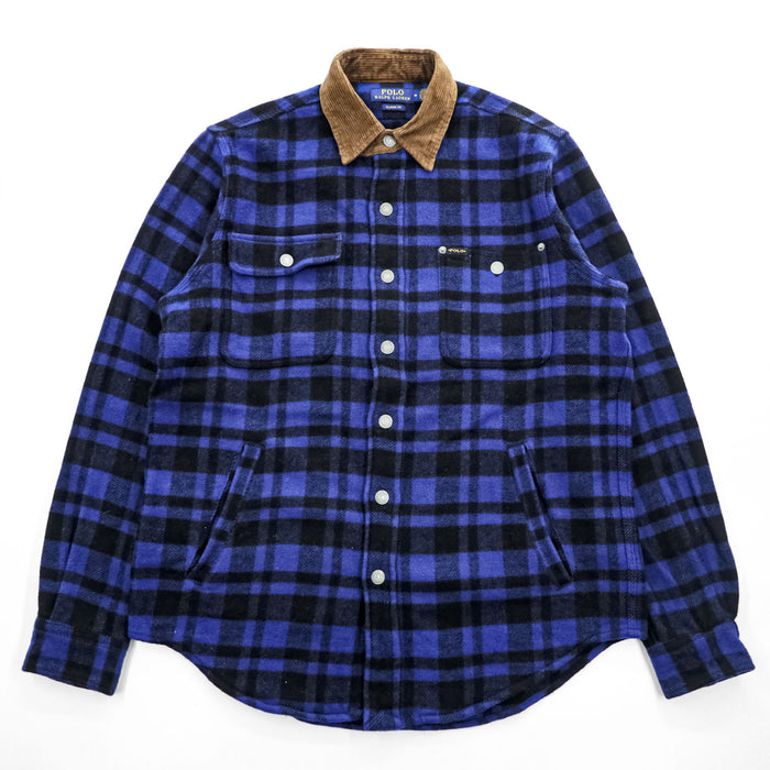 Polo Ralph Lauren ウールチェック シャツジャケット M ブルー ブラック 襟コーデュロイ チンストラップ