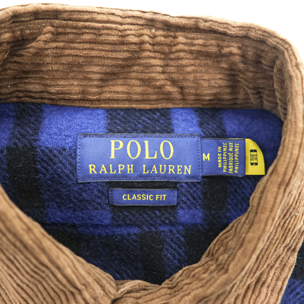 Polo Ralph Lauren ウールチェック シャツジャケット M ブルー ブラック 襟コーデュロイ チンストラップ