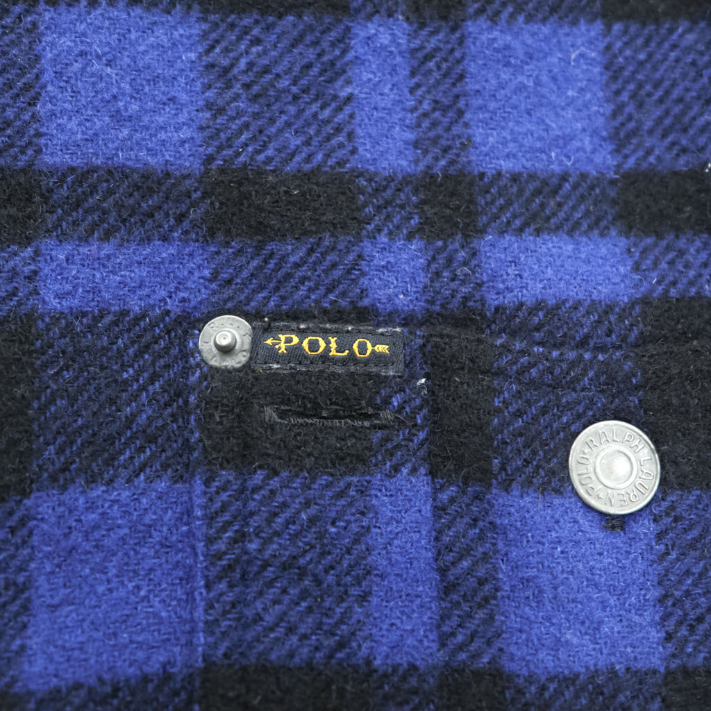 Polo Ralph Lauren ウールチェック シャツジャケット M ブルー ブラック 襟コーデュロイ チンストラップ