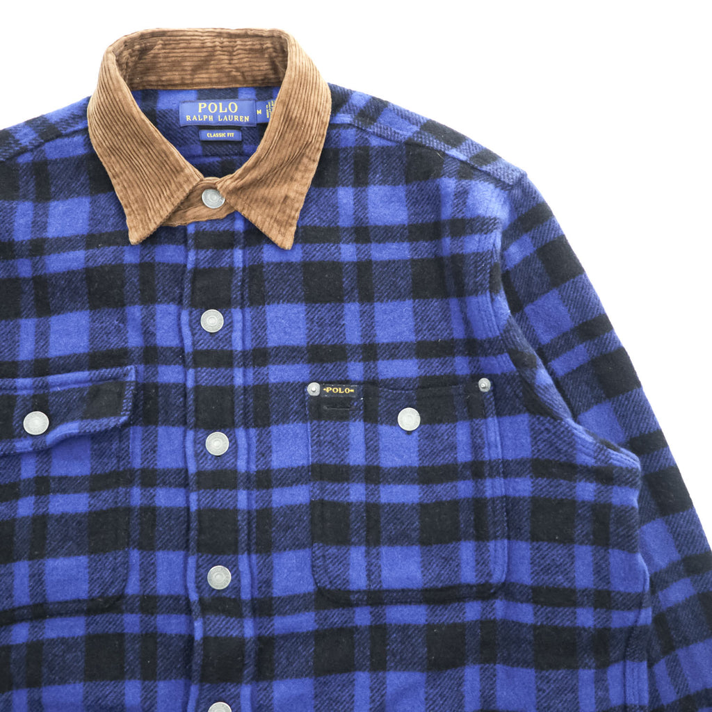 Polo Ralph Lauren ウールチェック シャツジャケット M ブルー ブラック 襟コーデュロイ チンストラップ