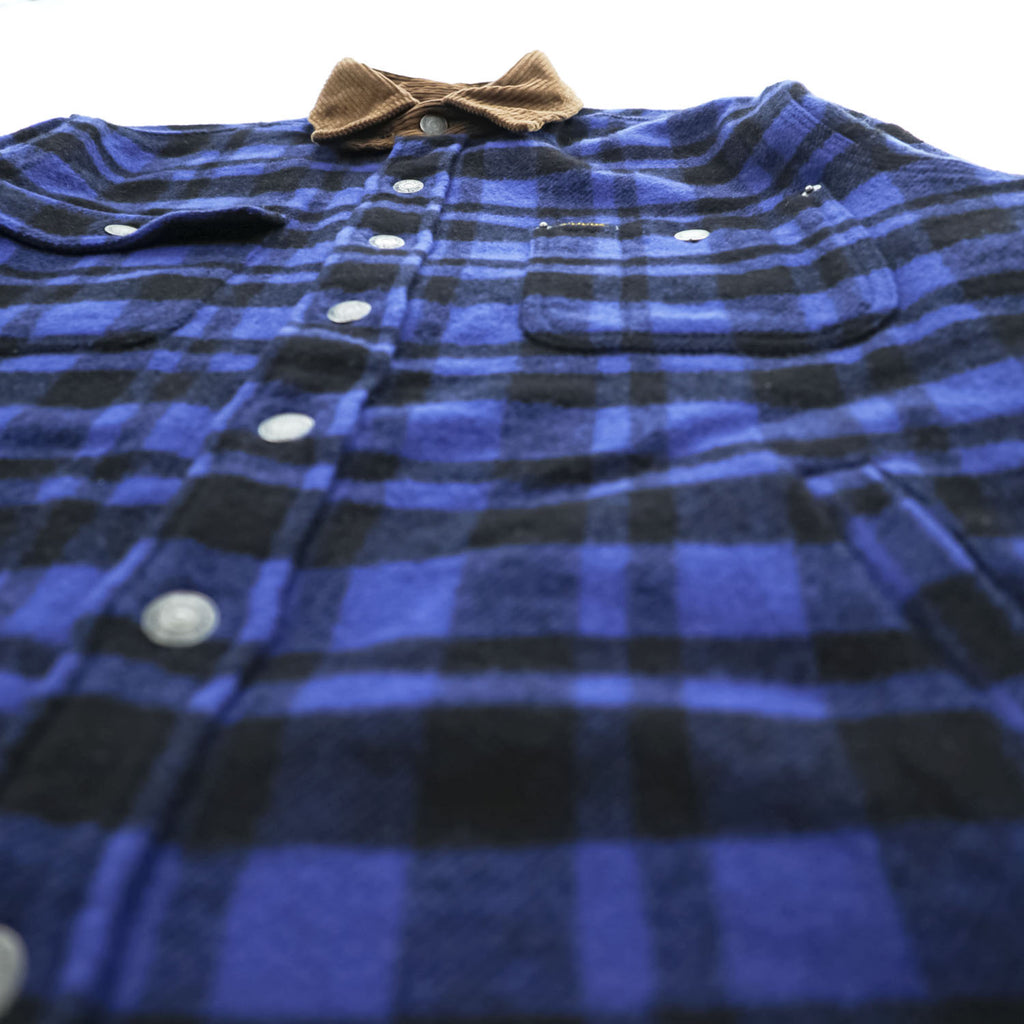 Polo Ralph Lauren ウールチェック シャツジャケット M ブルー ブラック 襟コーデュロイ チンストラップ