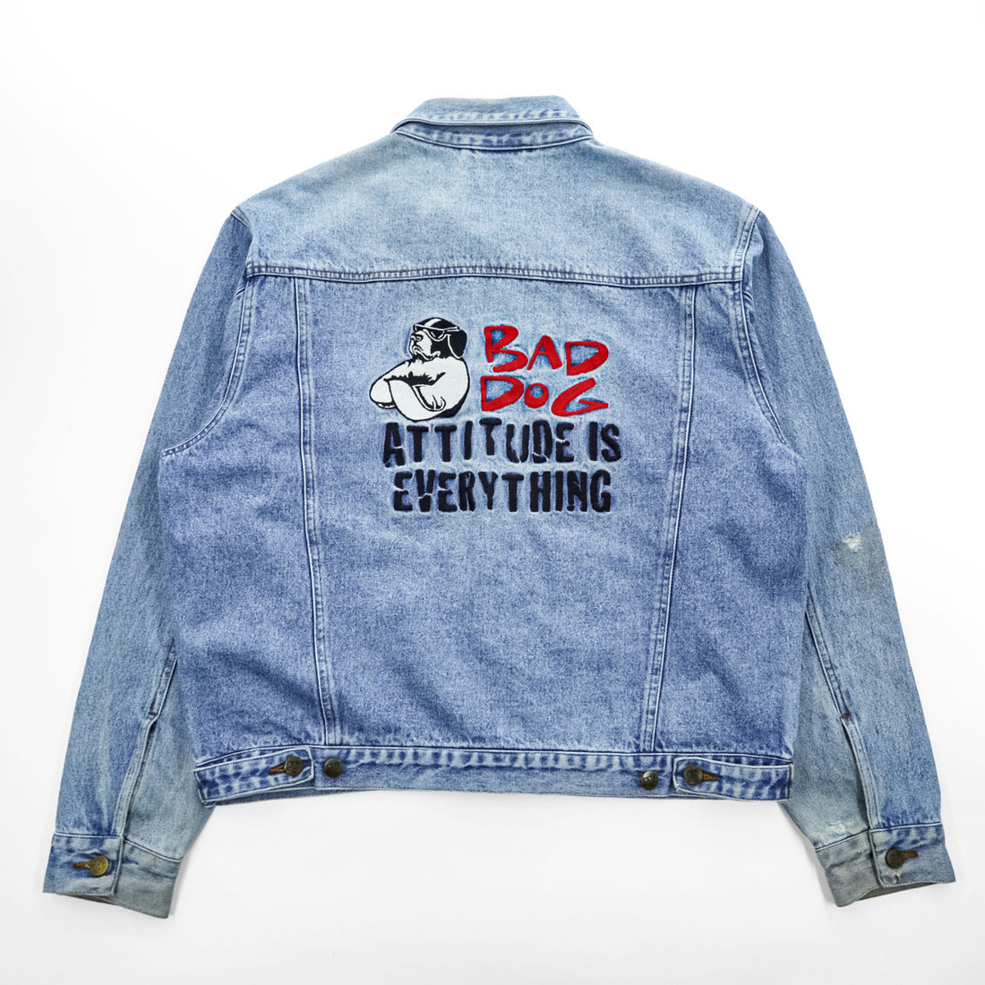 BIG DOGS 90年代 ヴィンテージ デニムジャケット Gジャン M バッグロゴ 刺繍 BAD DOG ATTITUDE IS EVERYTHING 短丈
