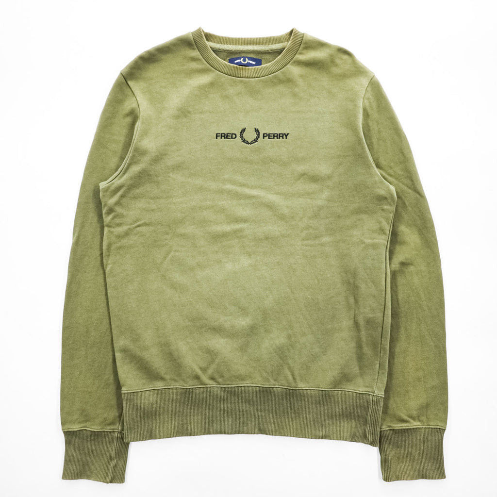 FRED PERRY M2644 Logo Crew Neck Sweatshirt Olive Size S Embroidered Logo