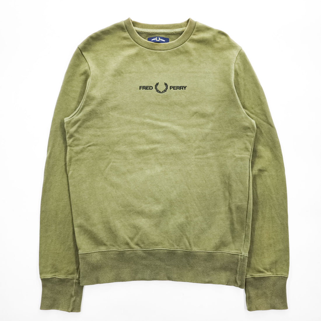 FRED PERRY M2644 Logo Crew Neck Sweatshirt Olive Size S Embroidered Logo