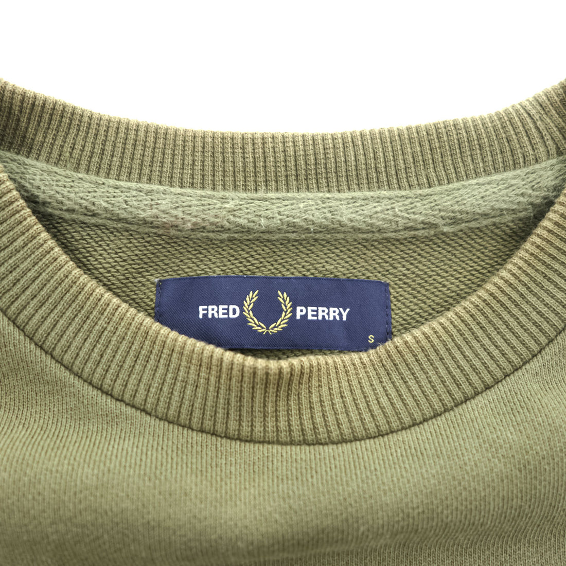 FRED PERRY M2644 Logo Crew Neck Sweatshirt Olive Size S Embroidered Logo