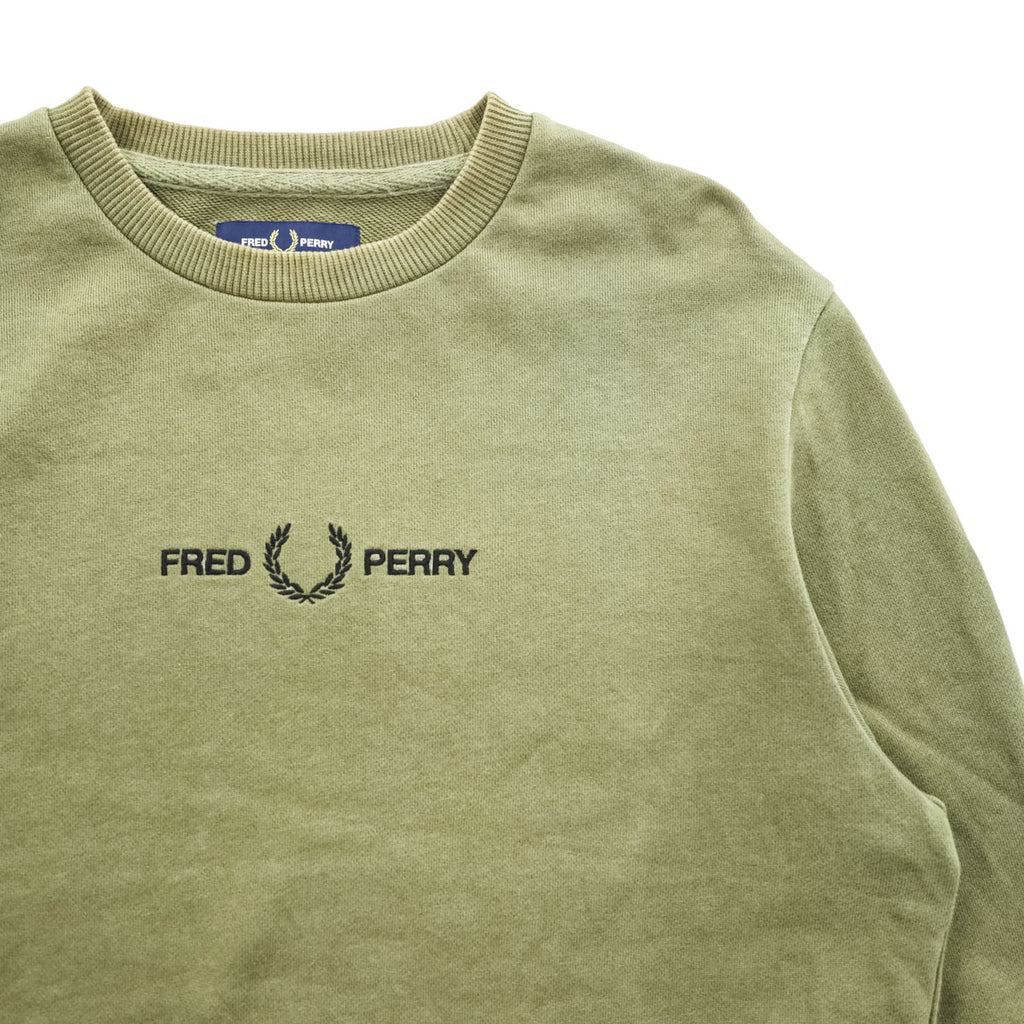 FRED PERRY M2644 Logo Crew Neck Sweatshirt Olive Size S Embroidered Logo