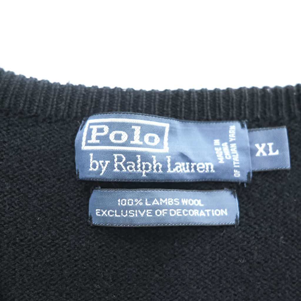 Polo Ralph Lauren 90年代 ヴィンテージ ラムウール Vネック ニット セーター XL ブラック ポニー刺繍 羊毛