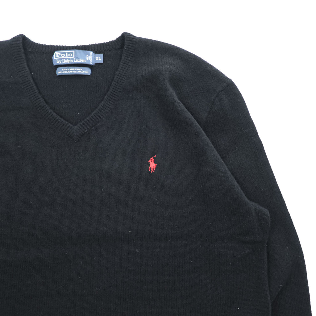 Polo Ralph Lauren 90年代 ヴィンテージ ラムウール Vネック ニット セーター XL ブラック ポニー刺繍 羊毛