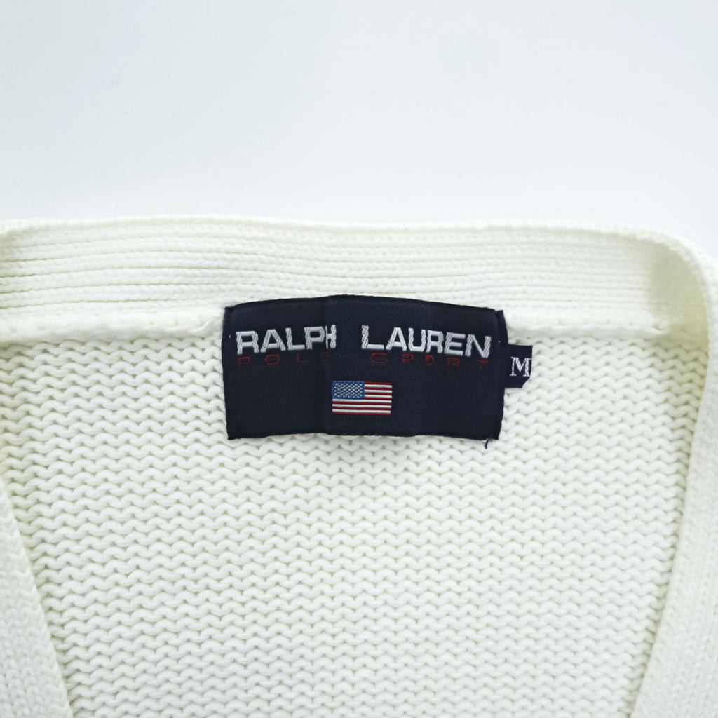 POLO SPORT RALPH LAUREN 90年代 ヴィンテージ Vネック ニット カーディガン M ホワイト スモールポニー ロゴ 刺繍