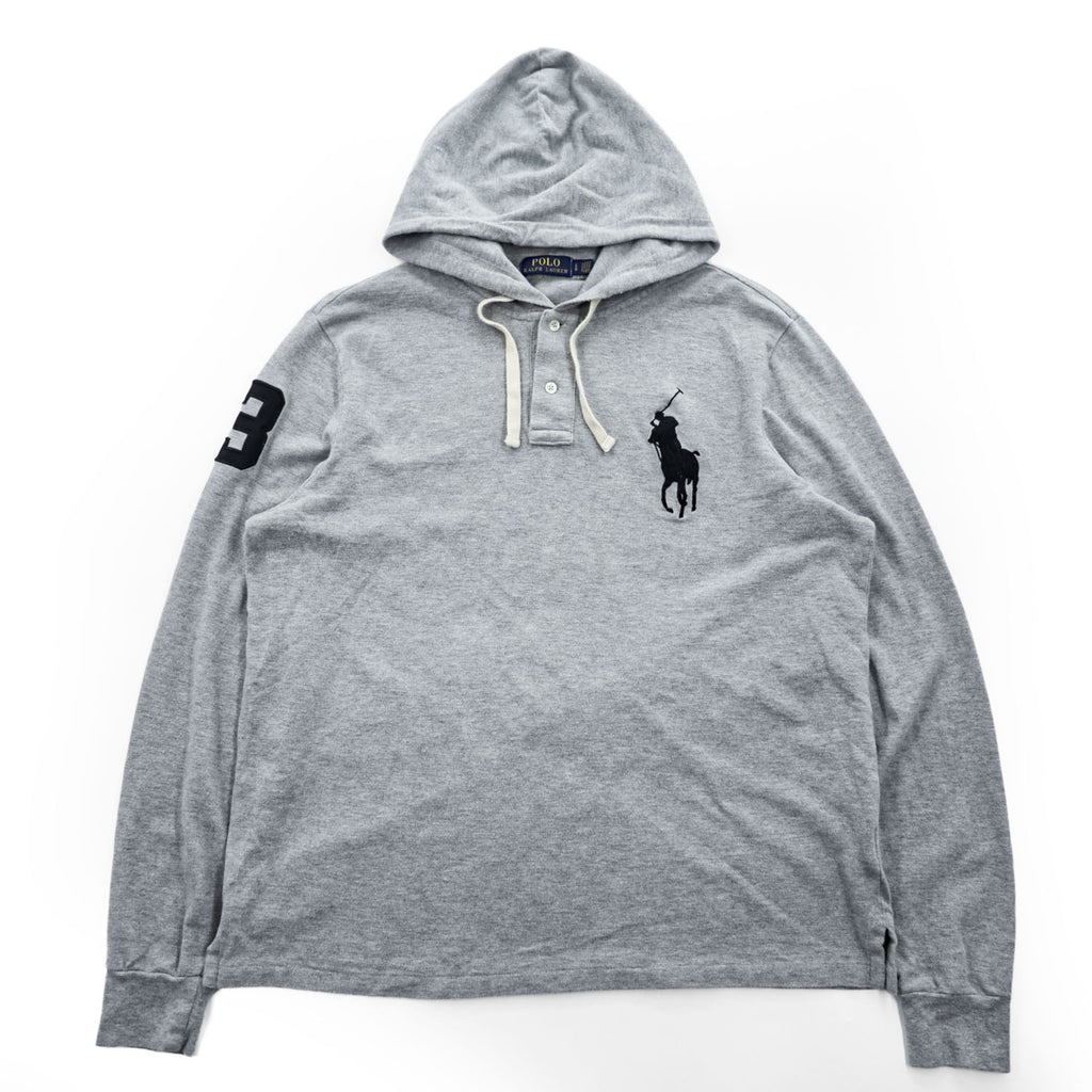 Polo Ralph Lauren フーデッド 長袖 ロングスリーブ Tシャツ パーカー L グレー ビッグポニー 鹿の子 ハーフボタン フード