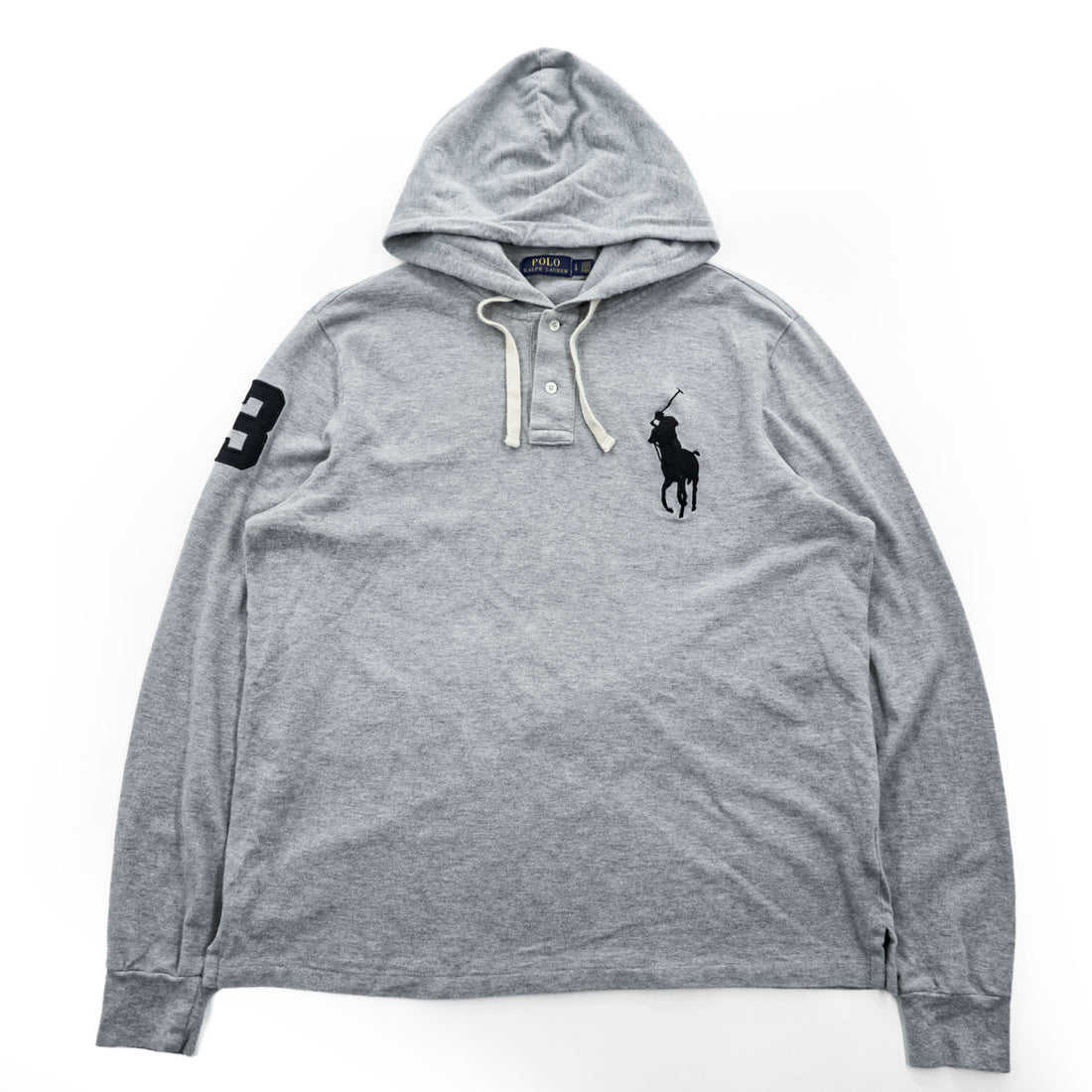 Polo Ralph Lauren フーデッド 長袖 ロングスリーブ Tシャツ パーカー L グレー ビッグポニー 鹿の子 ハーフボタン フード