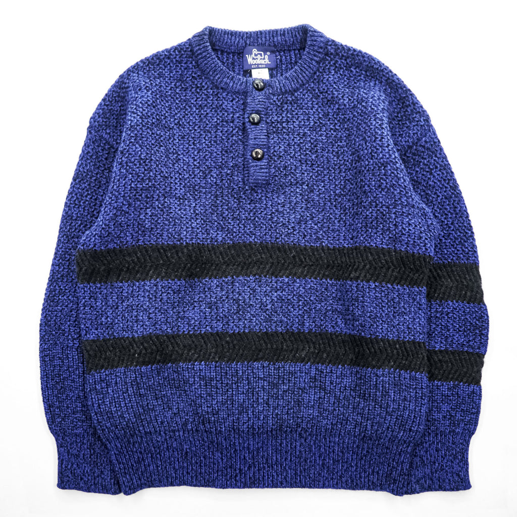 Woolrich 80年代 ヴィンテージ ヘンリーネック ニット セーター L ブルー ブラック くるみボタン