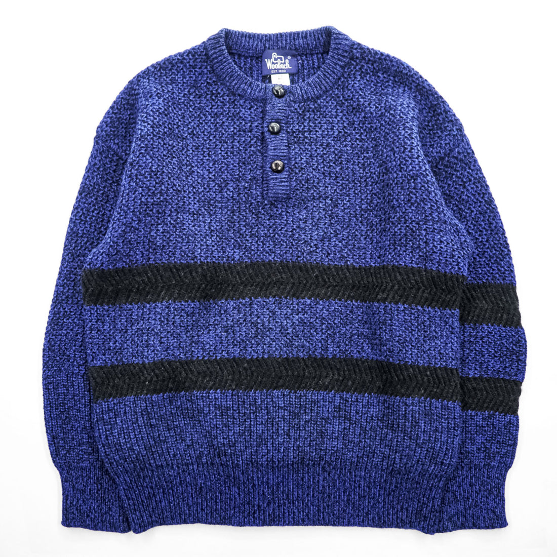 Woolrich 80年代 ヴィンテージ ヘンリーネック ニット セーター L ブルー ブラック くるみボタン