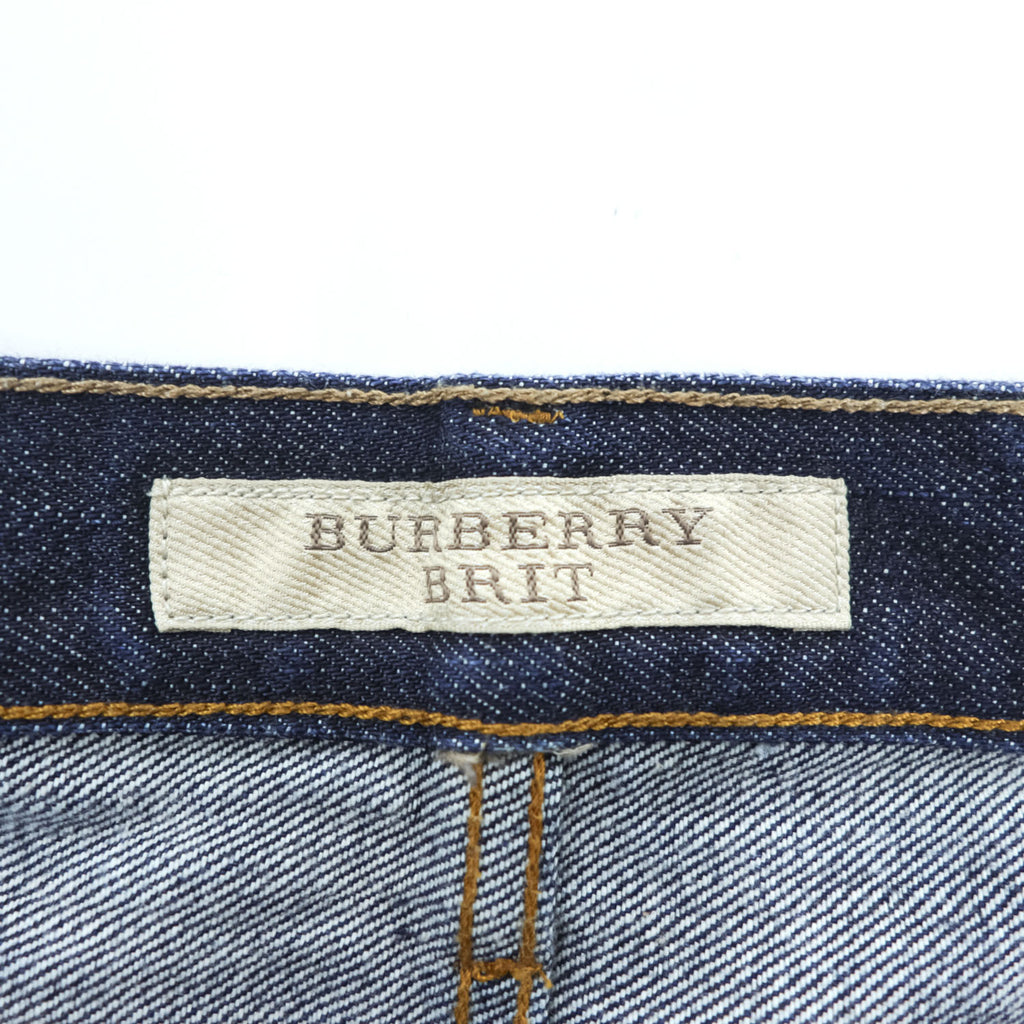 BURBERRY BRIT ストレート デニムパンツ ジーンズ M セルヴィッヂ 濃紺 リジッド レザーパッチ