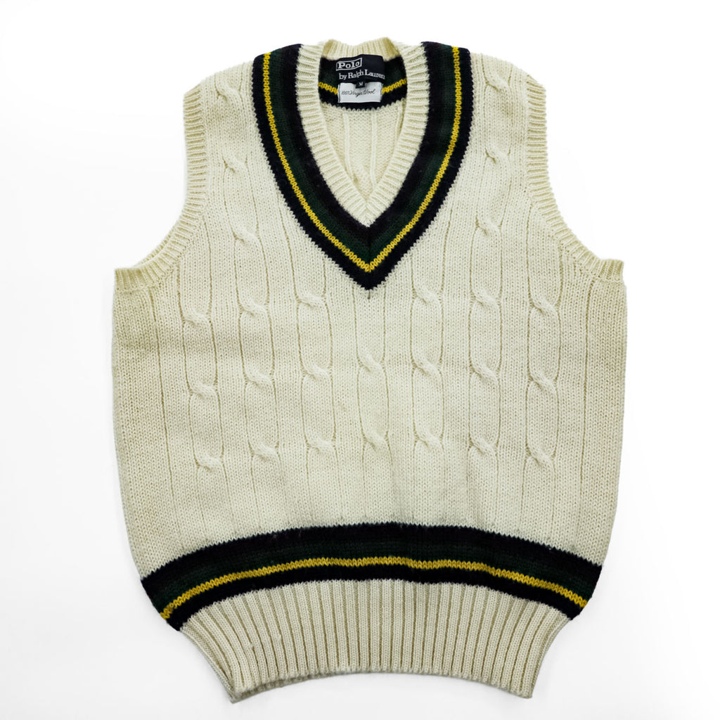 Polo Ralph Lauren 90年代 ヴィンテージ ケーブル編み Vネック チルデンニットベスト M ベージュ VIRGIN WOOL