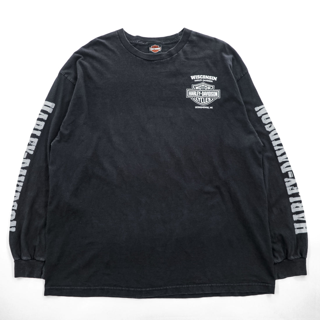 HARLEY DAVIDSON 長袖 ロングスリーブ Tシャツ ロンT XXL ブラック ビッグサイズ WISCONSIN スカル 袖ロゴ プリント