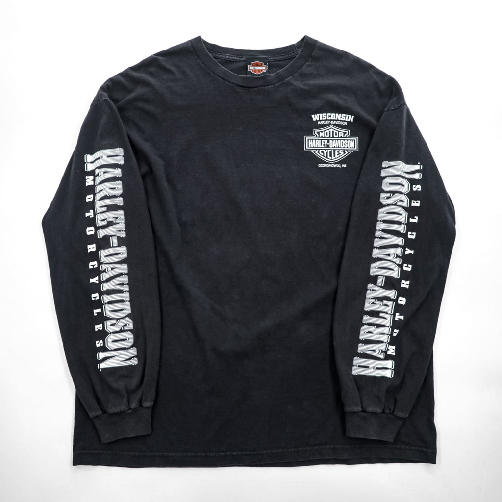 HARLEY DAVIDSON 長袖 ロングスリーブ Tシャツ ロンT XXL ブラック ビッグサイズ WISCONSIN スカル 袖ロゴ プリント