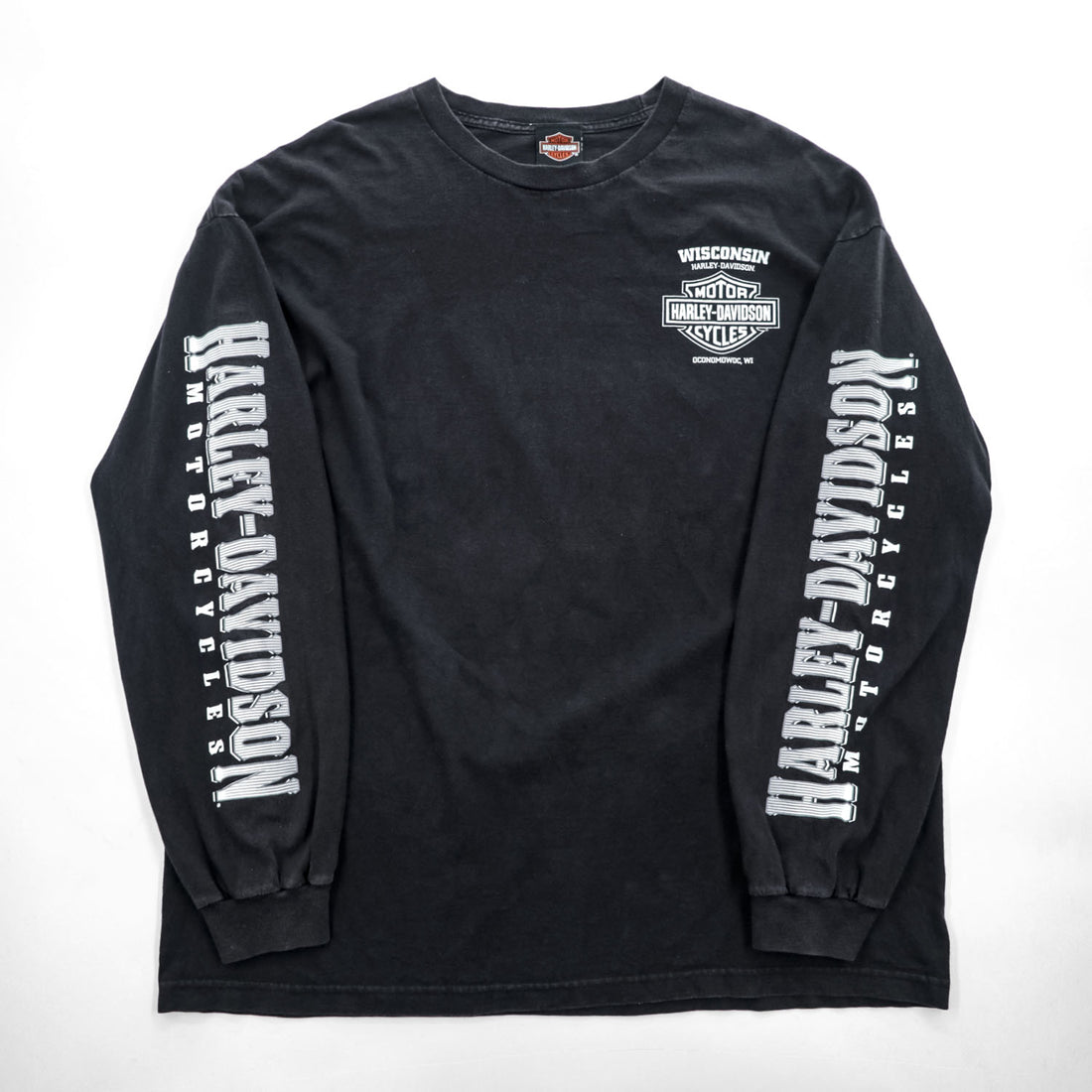 HARLEY DAVIDSON 長袖 ロングスリーブ Tシャツ ロンT XXL ブラック ビッグサイズ WISCONSIN スカル 袖ロゴ プリント
