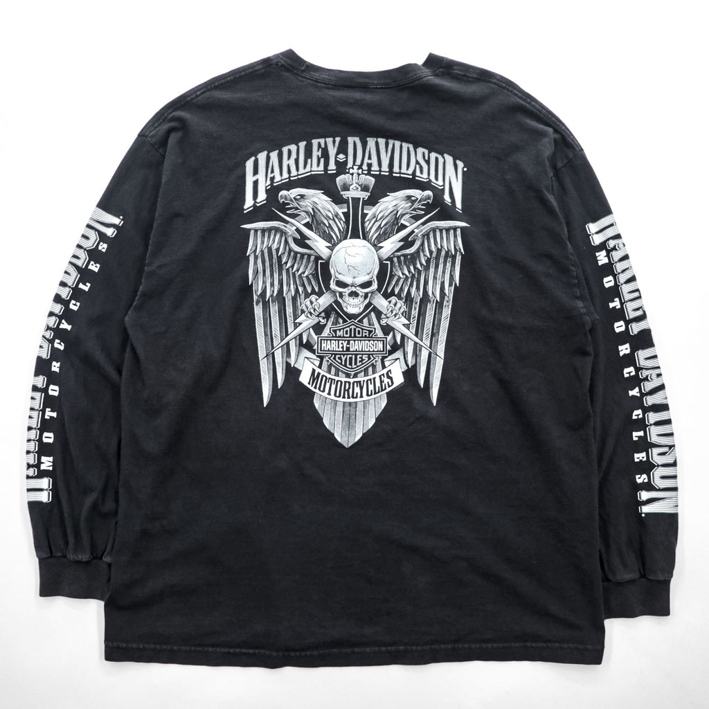 HARLEY DAVIDSON 長袖 ロングスリーブ Tシャツ ロンT XXL ブラック ビッグサイズ WISCONSIN スカル 袖ロゴ プリント