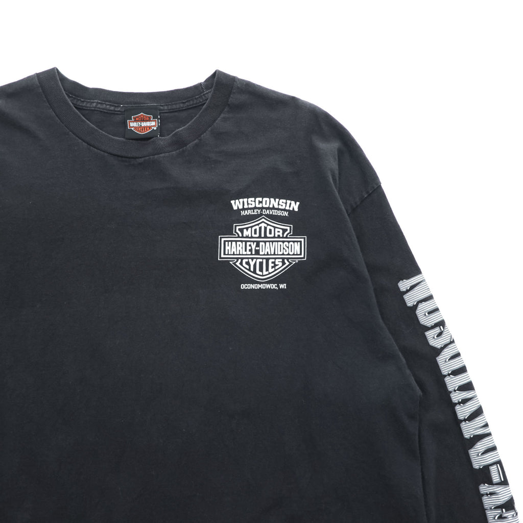 HARLEY DAVIDSON 長袖 ロングスリーブ Tシャツ ロンT XXL ブラック ビッグサイズ WISCONSIN スカル 袖ロゴ プリント