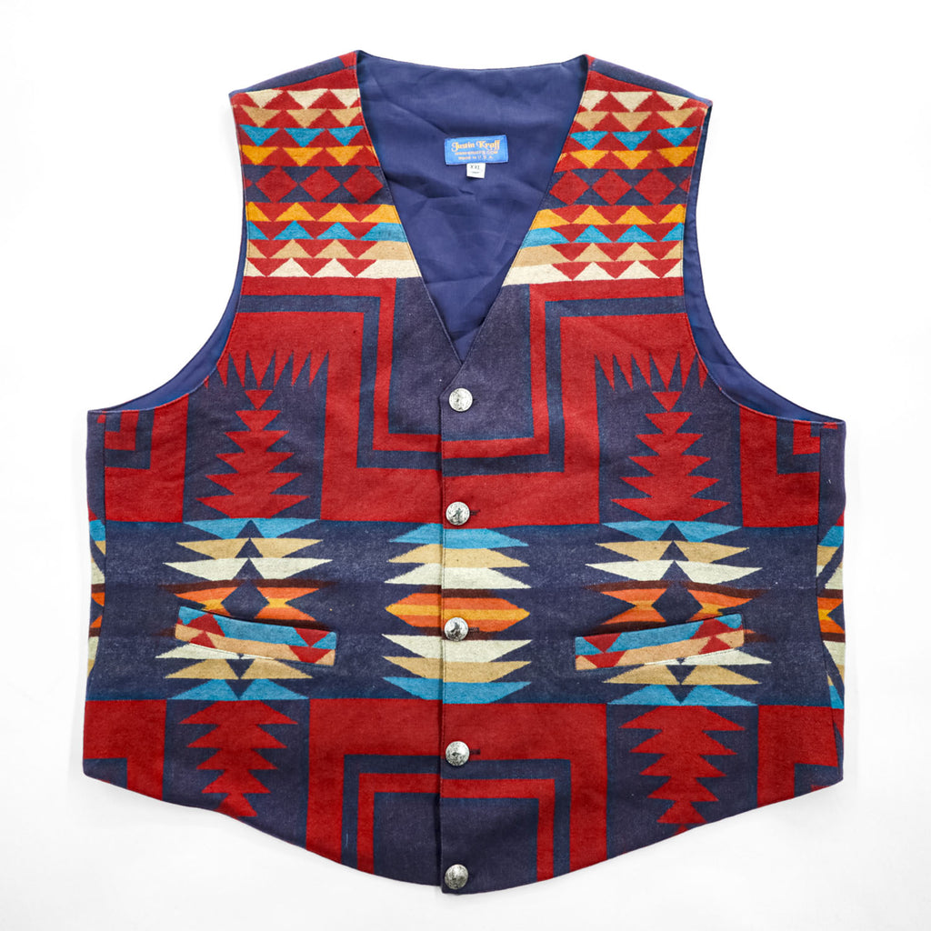 Justin Kraff ヴィンテージ PENDLETON生地 USA製 ウールベスト XXL 総柄 チマヨ Chief Joseph チーフジョセフ ネイティブ柄 コンチョボタン