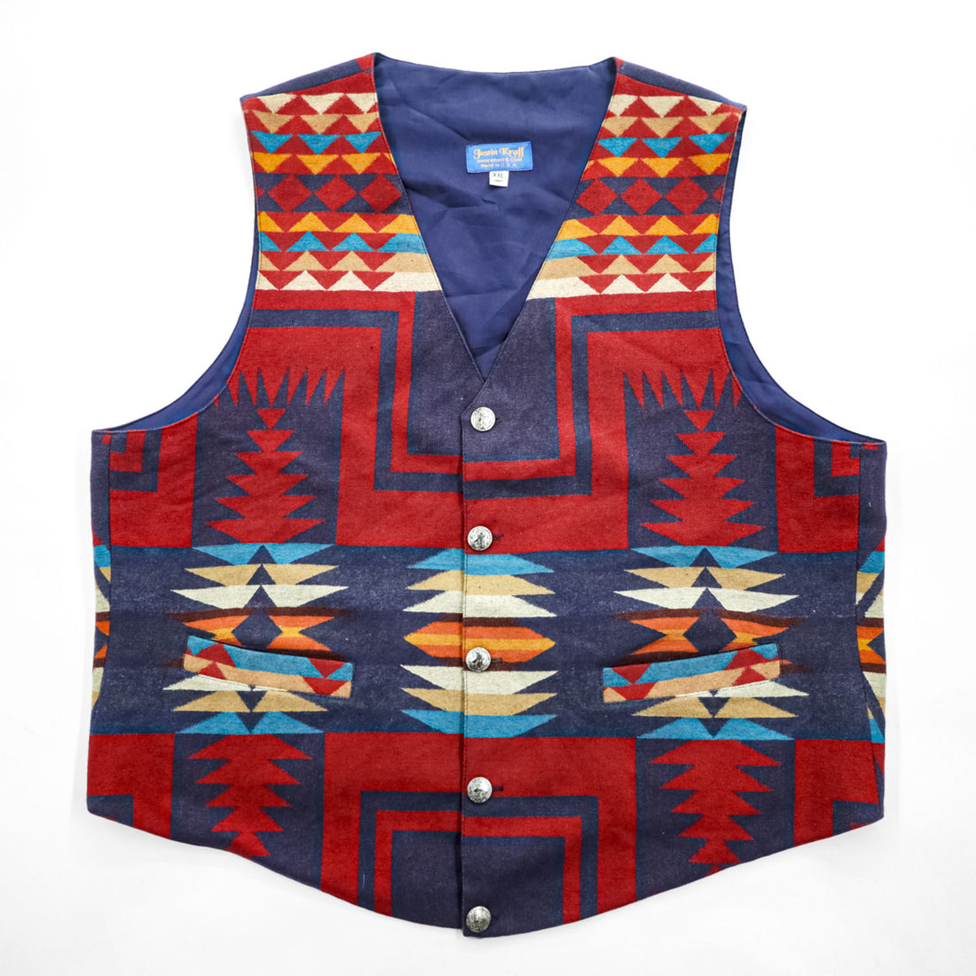 Justin Kraff ヴィンテージ PENDLETON生地 USA製 ウールベスト XXL 総柄 チマヨ Chief Joseph チーフジョセフ ネイティブ柄 コンチョボタン