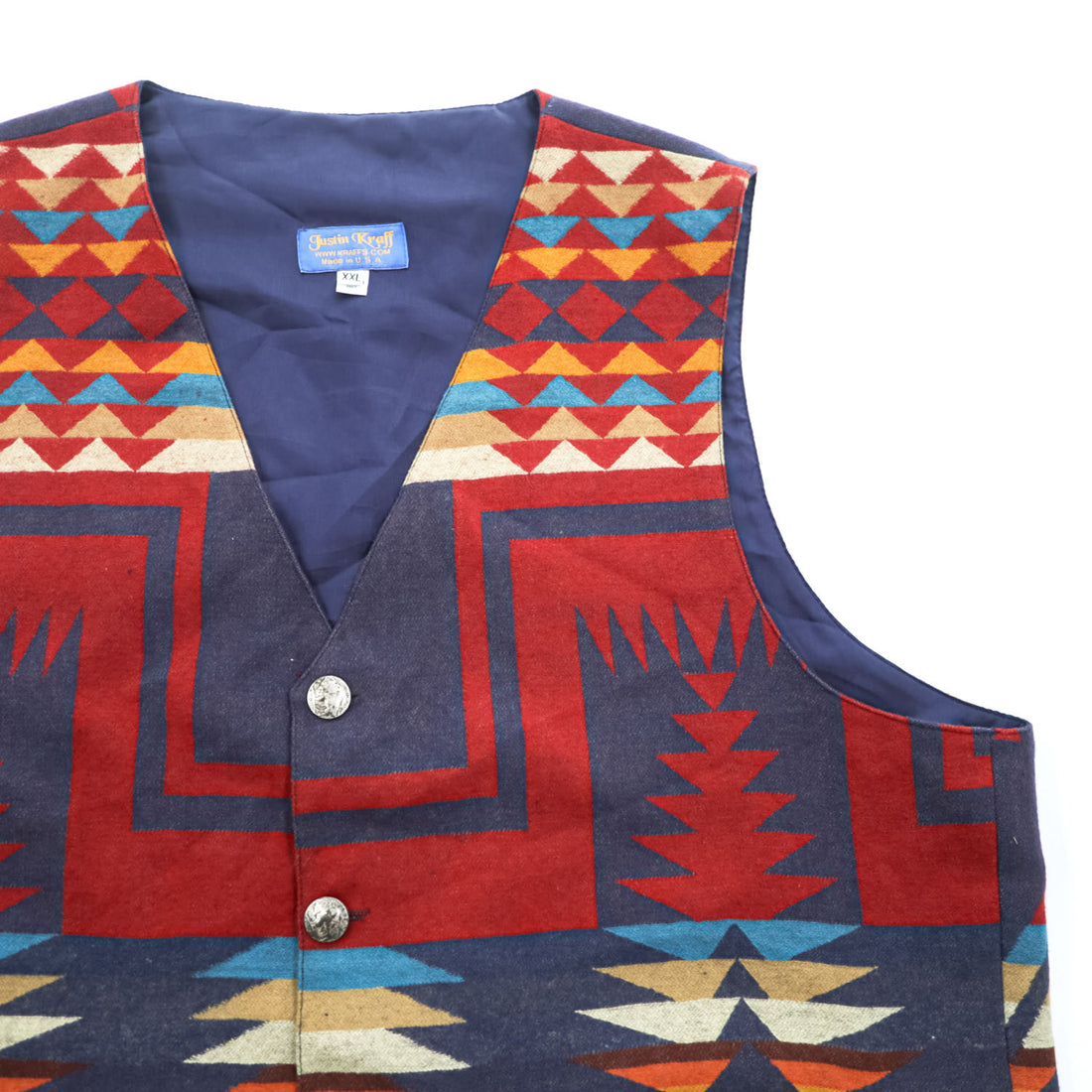 Justin Kraff ヴィンテージ PENDLETON生地 USA製 ウールベスト XXL 総柄 チマヨ Chief Joseph チーフジョセフ ネイティブ柄 コンチョボタン