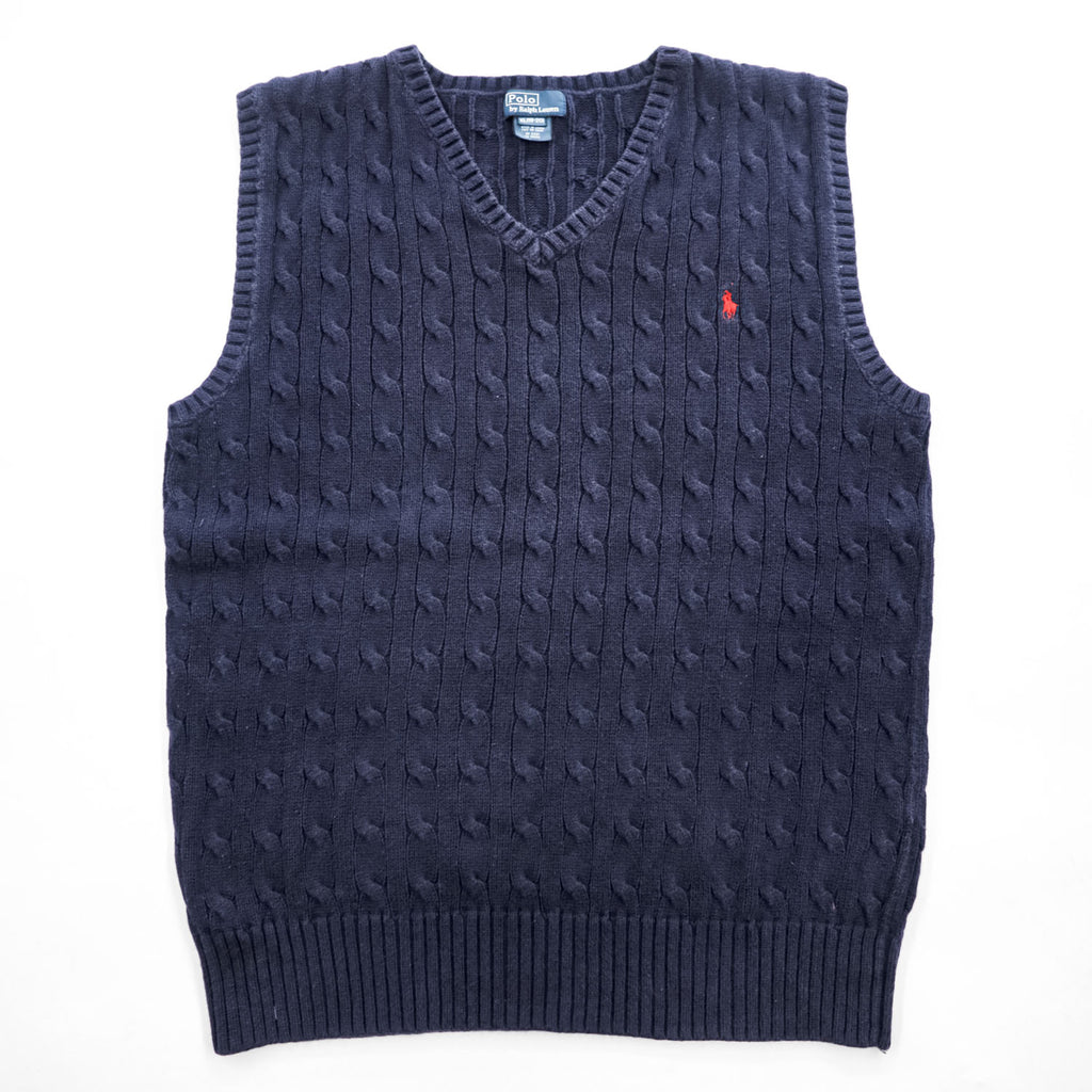 Polo Ralph Lauren 90年代 ヴィンテージ ケーブル編み Vネック ニットベスト XL ネイビー スモールポニー ロゴ 刺繍