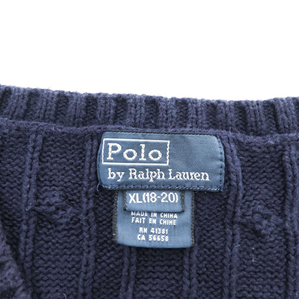 Polo Ralph Lauren 90年代 ヴィンテージ ケーブル編み Vネック ニットベスト XL ネイビー スモールポニー ロゴ 刺繍