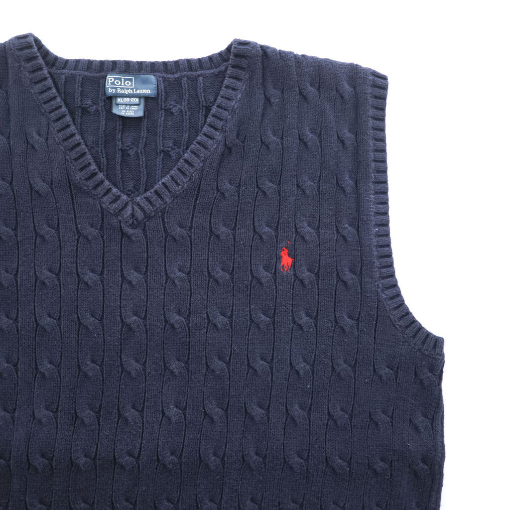 Polo Ralph Lauren 90年代 ヴィンテージ ケーブル編み Vネック ニットベスト XL ネイビー スモールポニー ロゴ 刺繍