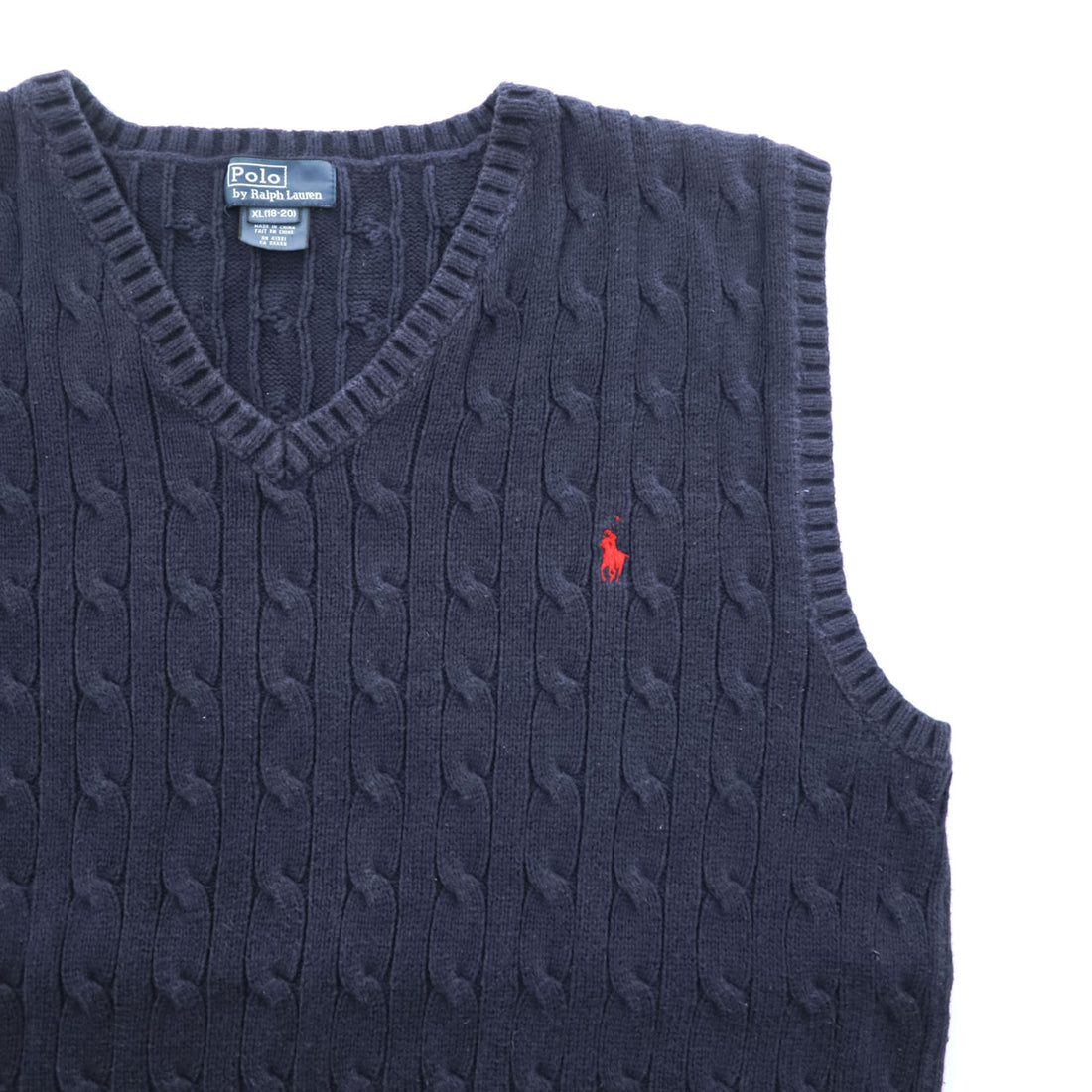 Polo Ralph Lauren 90年代 ヴィンテージ ケーブル編み Vネック ニットベスト XL ネイビー スモールポニー ロゴ 刺繍