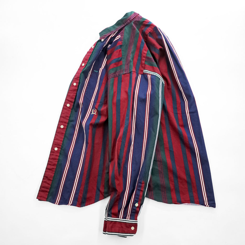 TOMMY HILFIGER 90年代 ヴィンテージ 長袖シャツ XL マルチカラー ストライプ 胸ポケット ボタンダウン