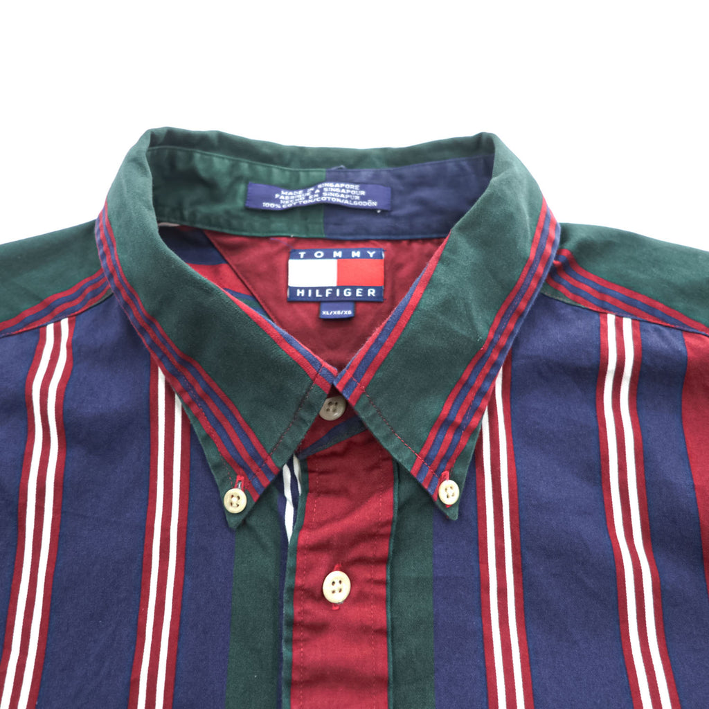 TOMMY HILFIGER 90年代 ヴィンテージ 長袖シャツ XL マルチカラー ストライプ 胸ポケット ボタンダウン