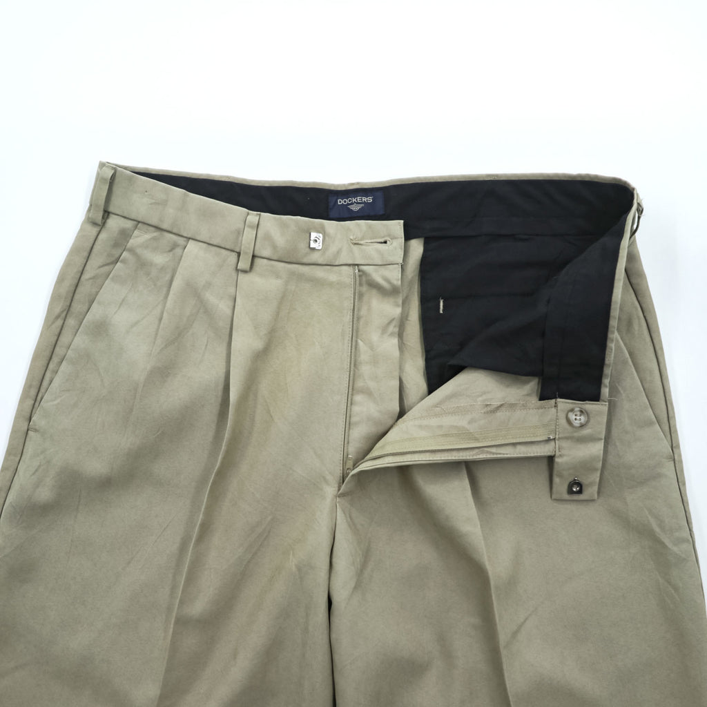 DOCKERS (Levi Strauss) 2000s Vintage Slacks Pants, Size L, Beige, Wide Leg, 2-Tuck Pleats, Double Cuffs