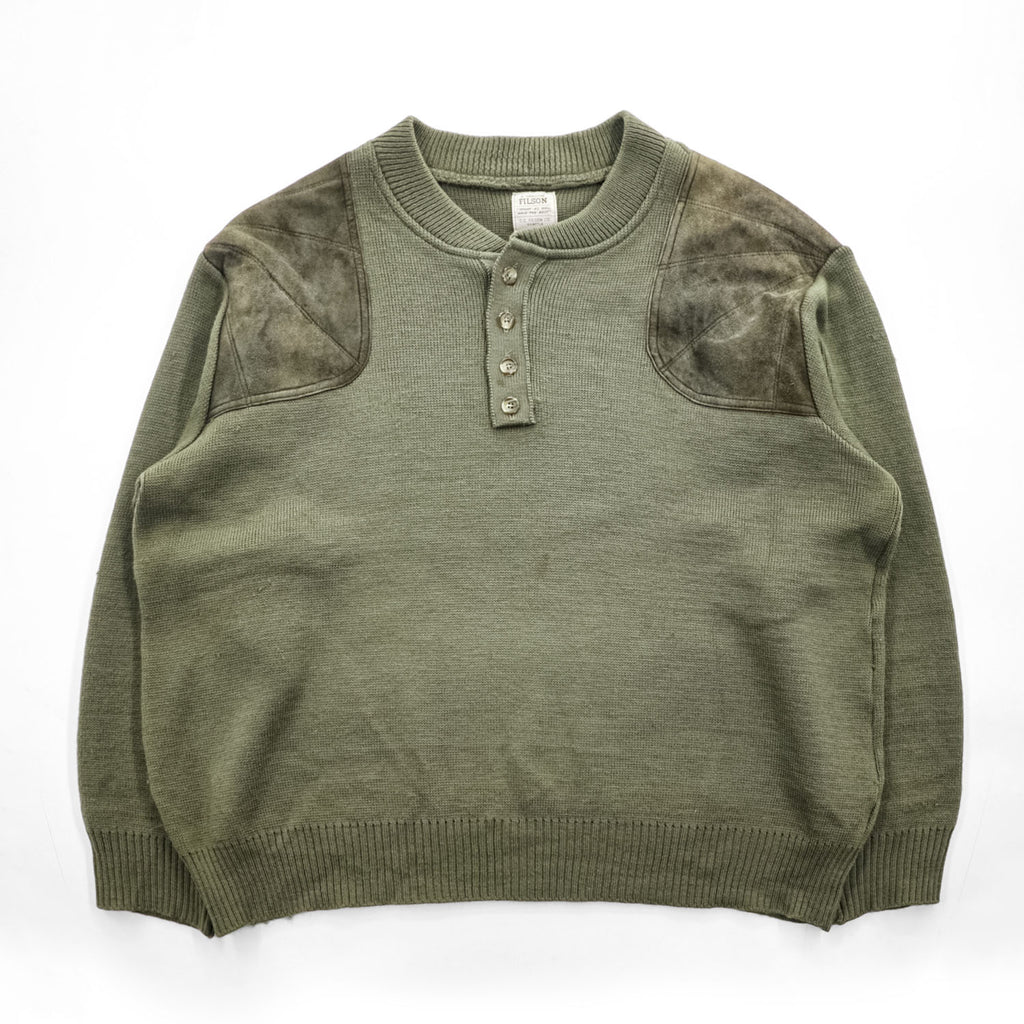 FILSON USA製 100%バージンウール ニット セーター XL カーキ ハンティング スエード切替 レザーパッチ ヘンリーネック STYLE 714
