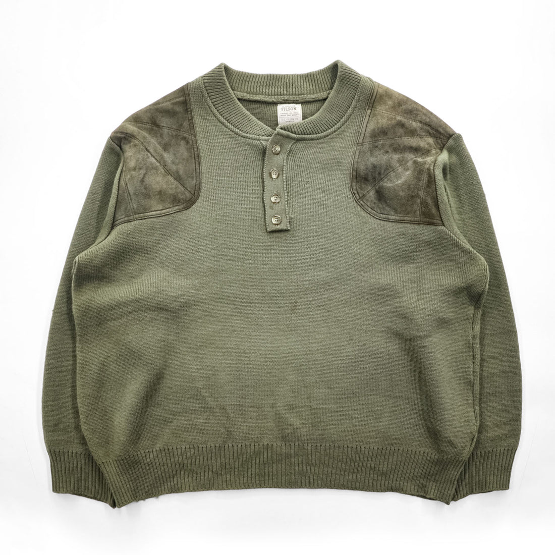FILSON USA製 100%バージンウール ニット セーター XL カーキ ハンティング スエード切替 レザーパッチ ヘンリーネック STYLE 714