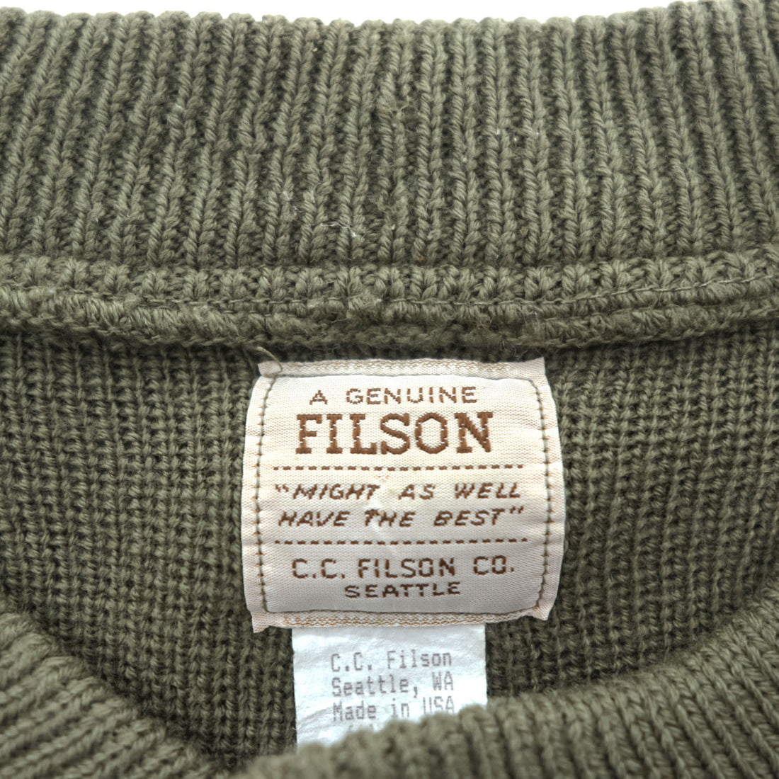 FILSON USA製 100%バージンウール ニット セーター XL カーキ ハンティング スエード切替 レザーパッチ ヘンリーネック STYLE 714