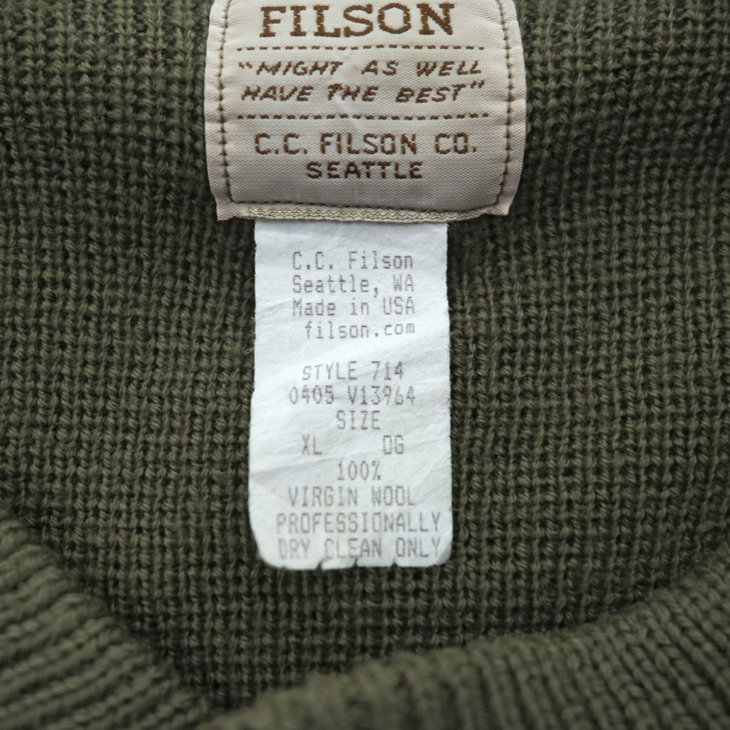 FILSON USA製 100%バージンウール ニット セーター XL カーキ ハンティング スエード切替 レザーパッチ ヘンリーネック STYLE 714