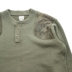 FILSON USA製 100%バージンウール ニット セーター XL カーキ ハンティング スエード切替 レザーパッチ ヘンリーネック STYLE 714