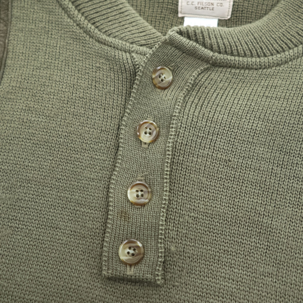 FILSON USA製 100%バージンウール ニット セーター XL カーキ ハンティング スエード切替 レザーパッチ ヘンリーネック STYLE 714