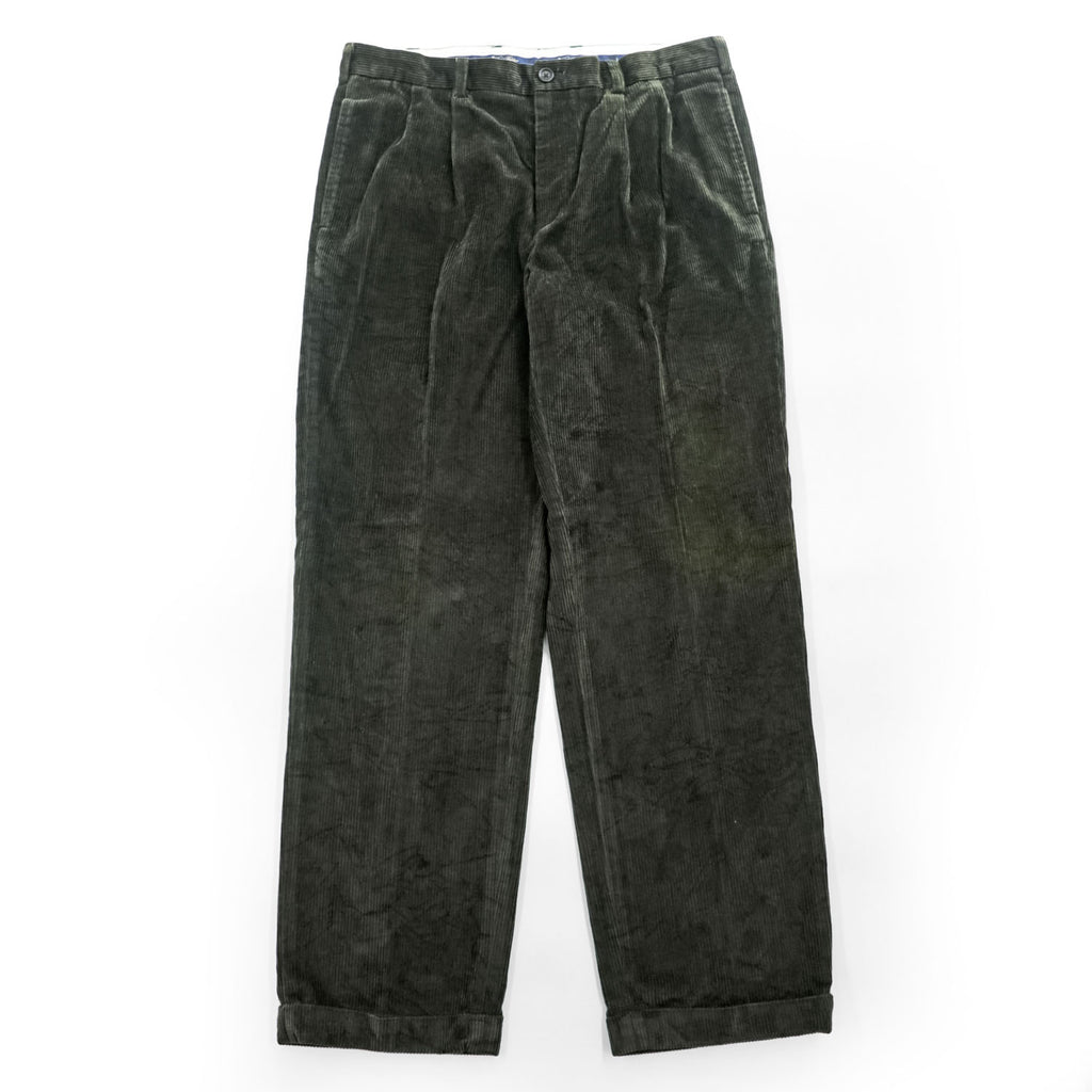 Brooks Brothers コーデュロイパンツ スラックス L グリーン ワイド 2タック プリーツ ダブルカフス THOMPSON FABRIC WOVEN IN FRANCE