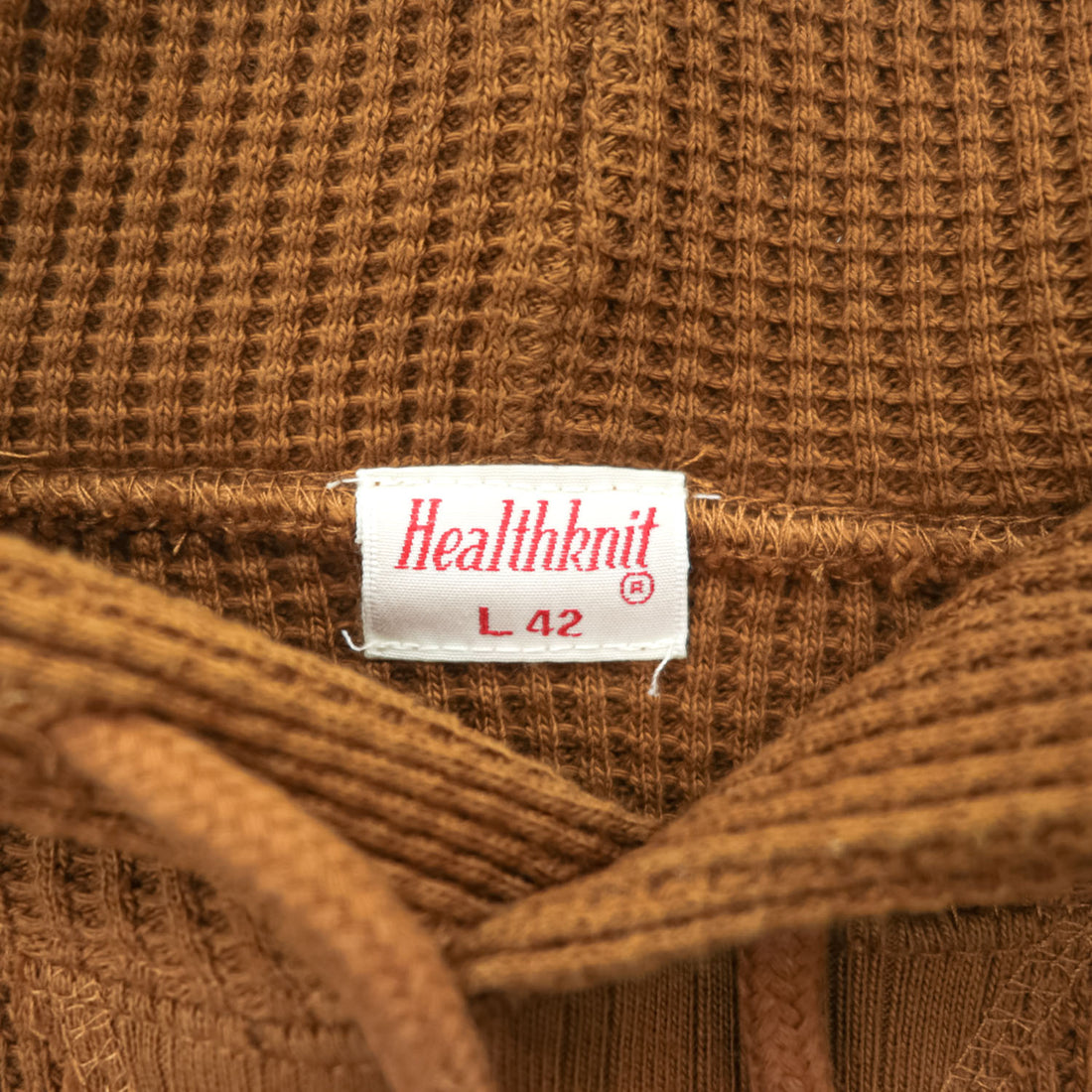 Healthknit ワッフル サーマル プルオーバー パーカー L ブラウン 前V カンガルーポケット