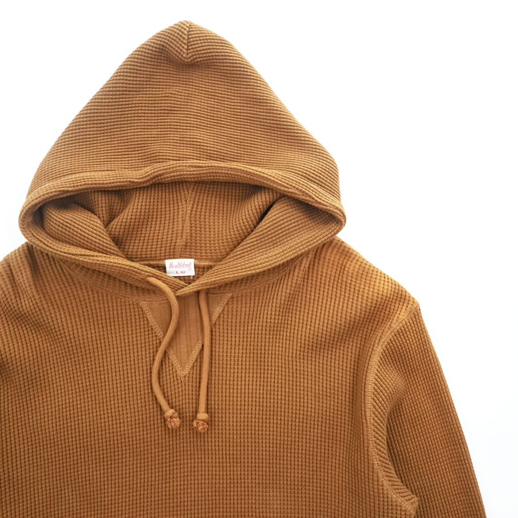 Healthknit ワッフル サーマル プルオーバー パーカー L ブラウン 前V カンガルーポケット