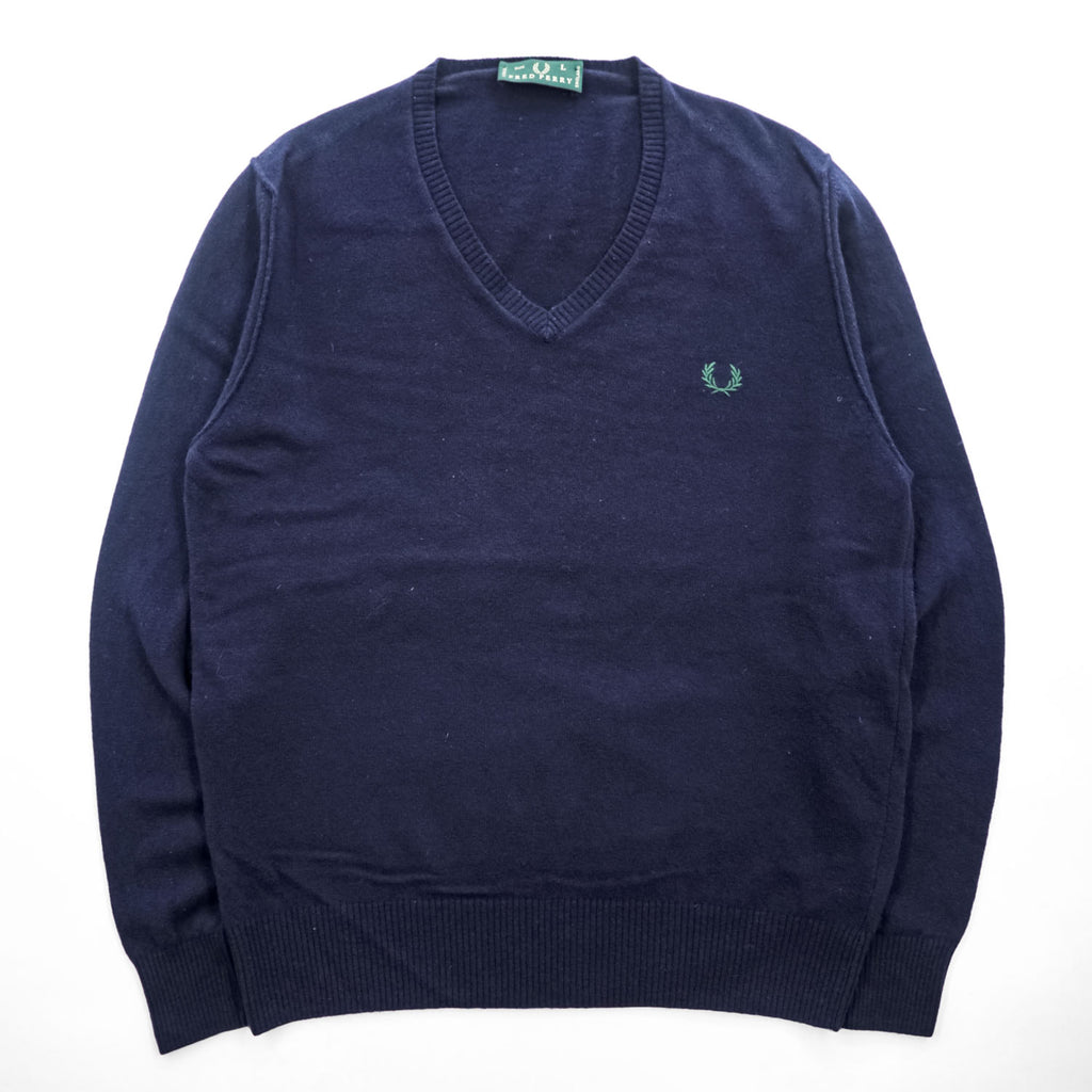 FRED PERRY イタリア製 90年代 ヴィンテージ Vネック ニット セーター L ネイビー ワンポイントロゴ
