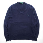 FRED PERRY イタリア製 90年代 ヴィンテージ Vネック ニット セーター L ネイビー ワンポイントロゴ